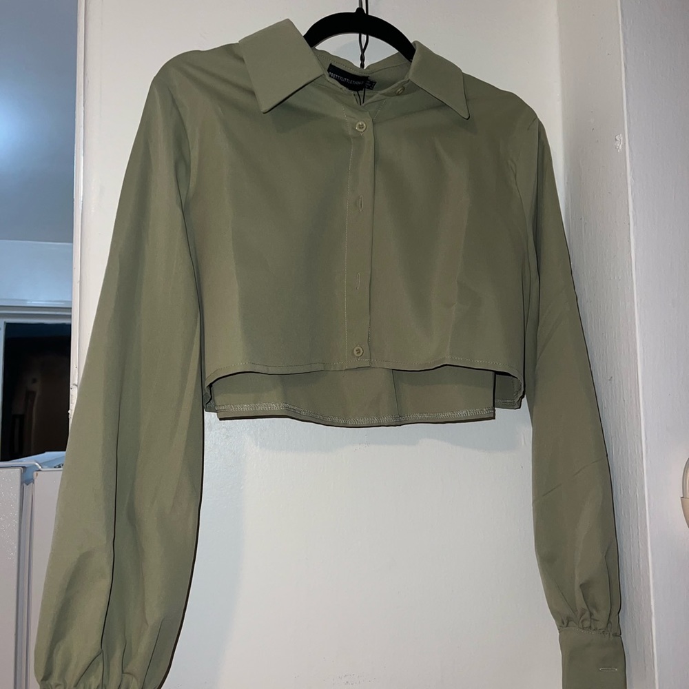 Sage Khaki Woven Oversized Cropped Shirt